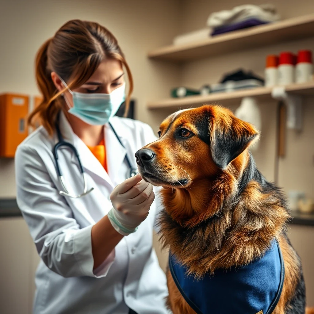 Veterinarian preparing vaccinations for a calm dog at vet clinic, warm professional light