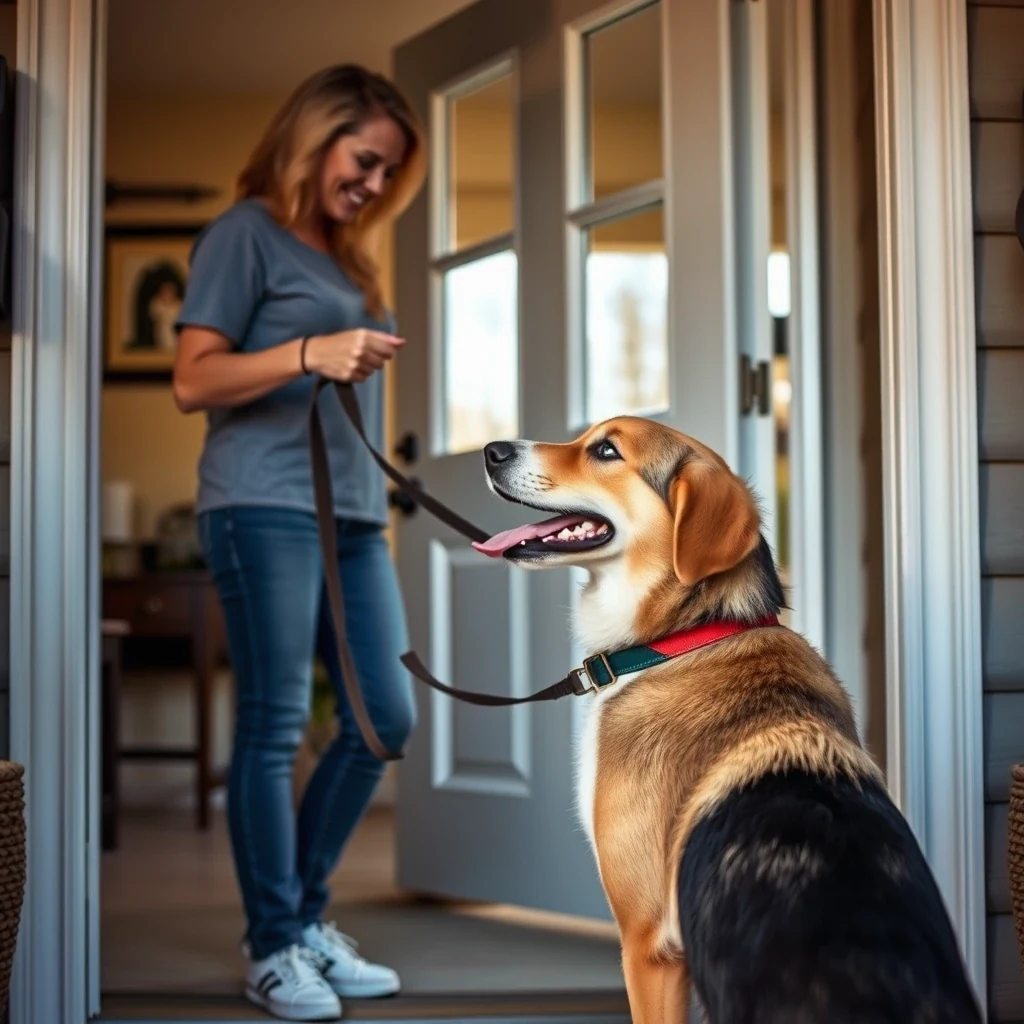 Pet owner handing leash to handler at home doorway with happy dog