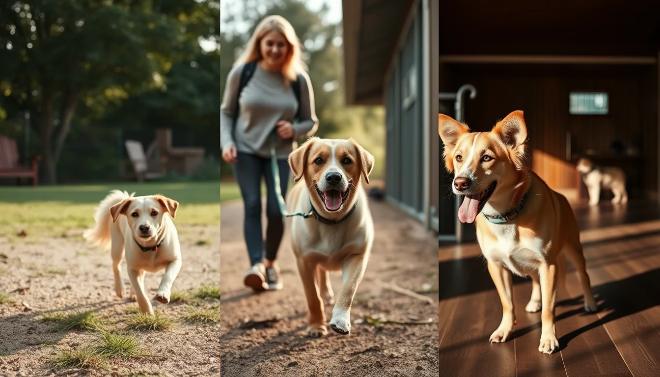 Editorial split image showing three services: daycare group play, dog walker on leash, dog at boarding facility