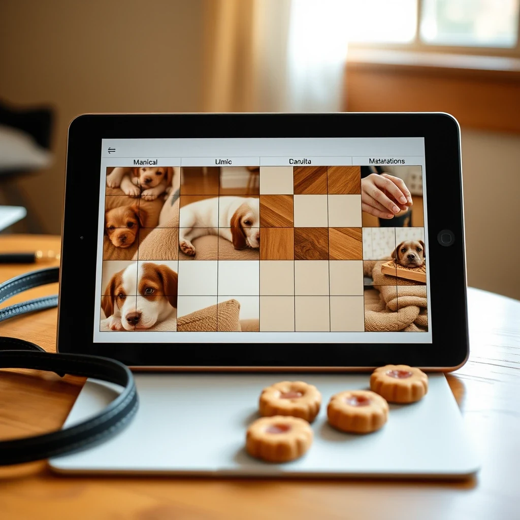 Side-by-side comparison matrix on tablet with dog leash and treats on warm desk