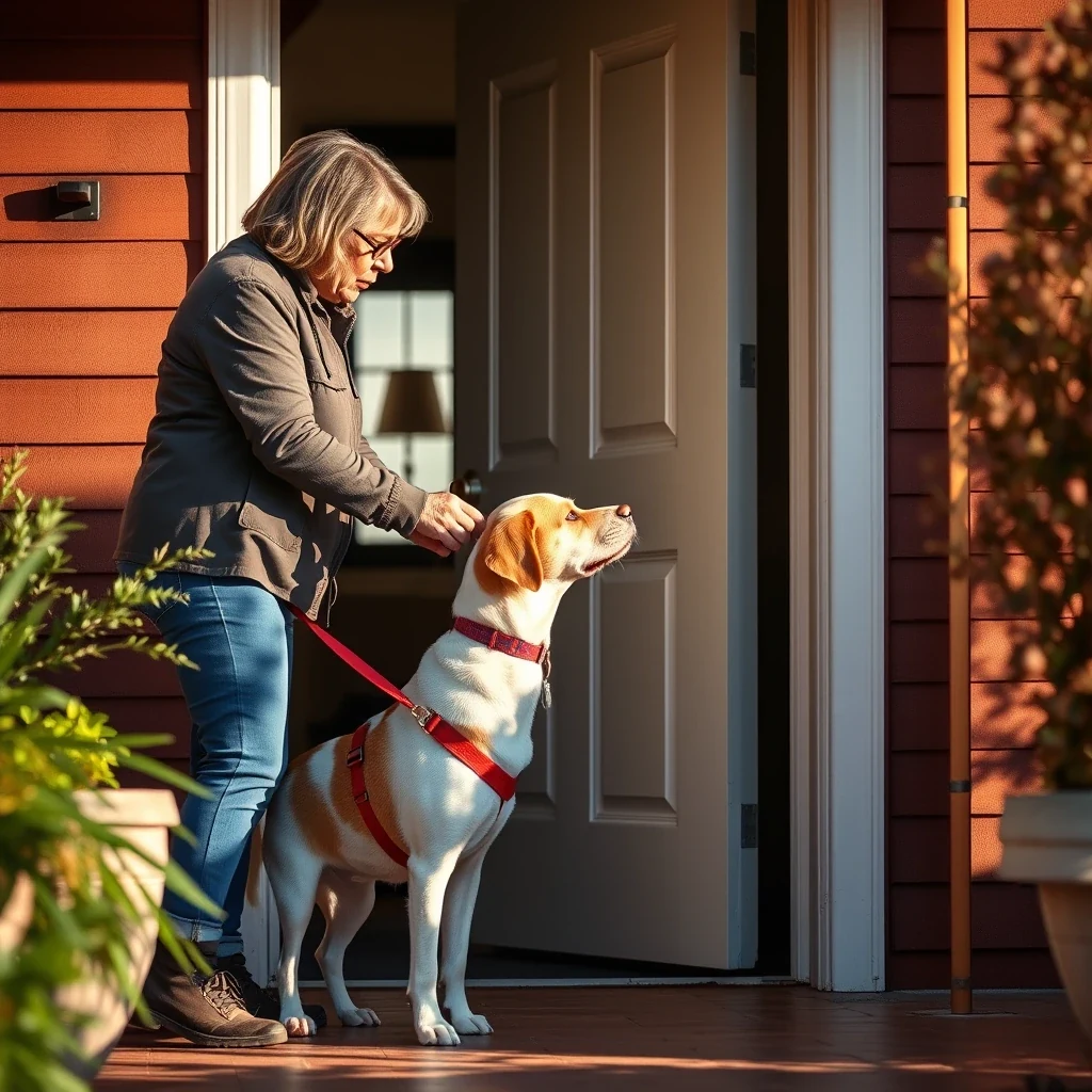 Pet owner handing leash to vetted handler at home doorway, warm afternoon light