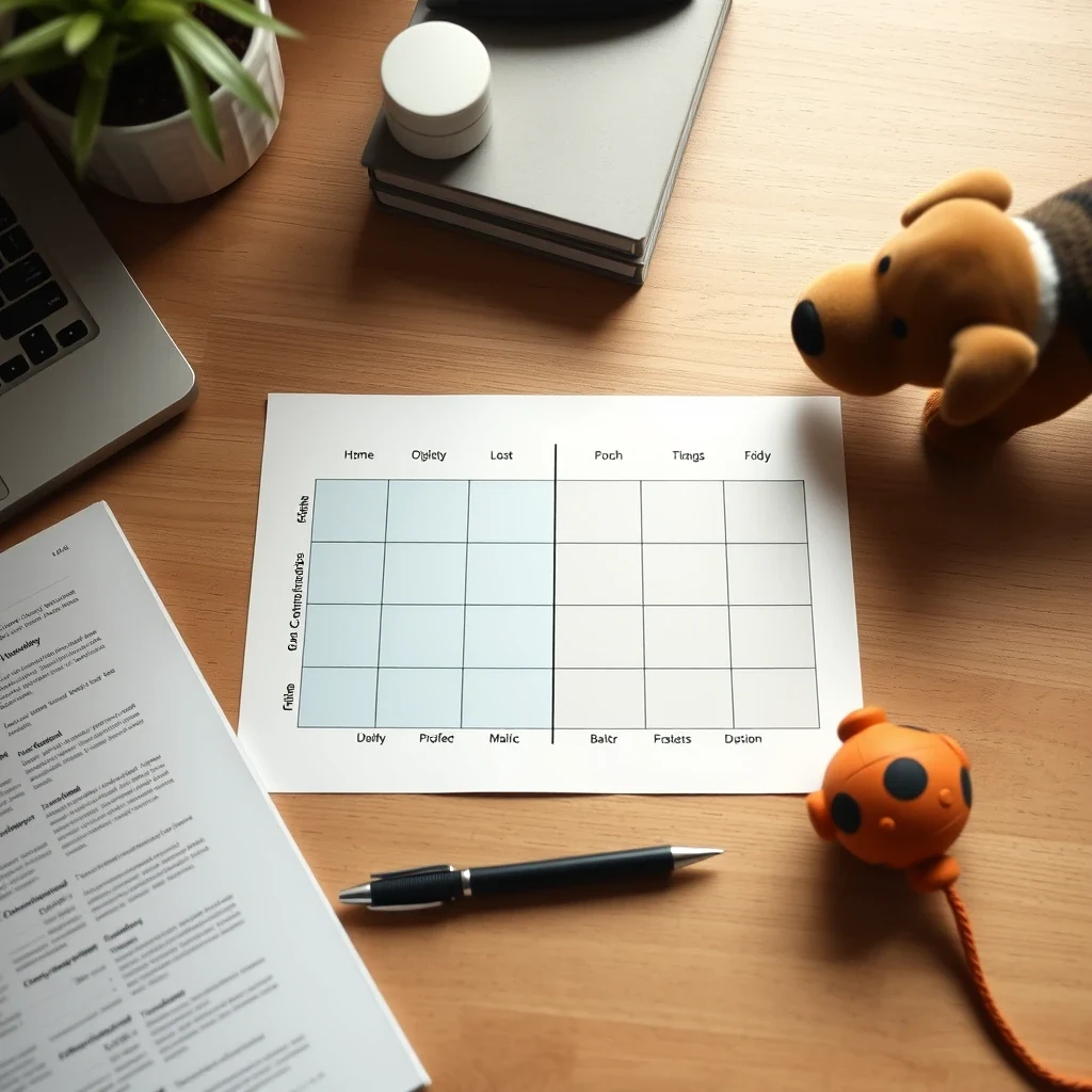 Editorial flat lay of comparison matrix on warm wooden desk with pen and dog toy