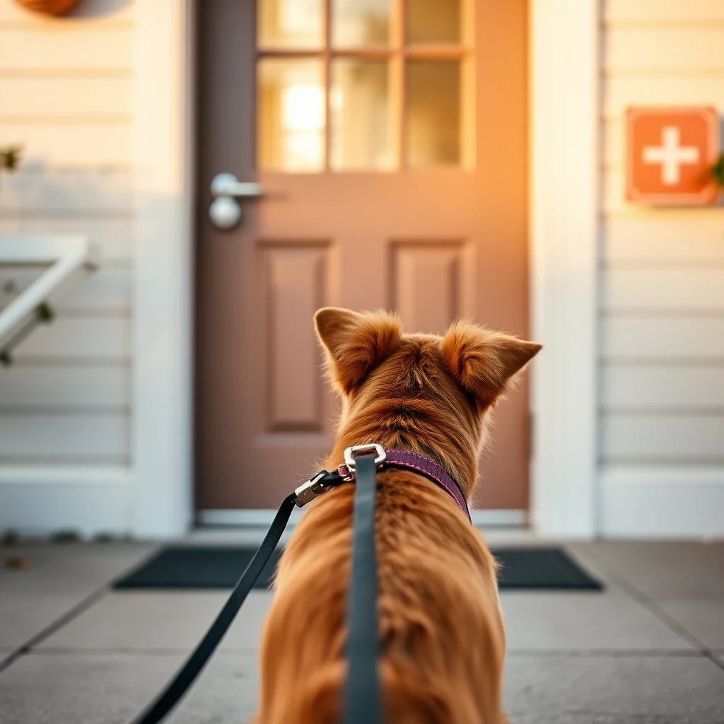 Eager dog on a leash pulling toward a daycare entrance door, tail up, in morning light