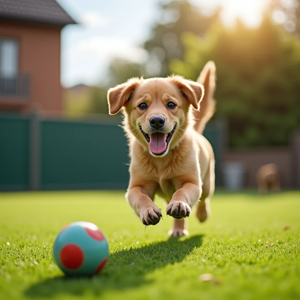 Two dogs play-bowing and wrestling happily on soft turf in a daycare yard