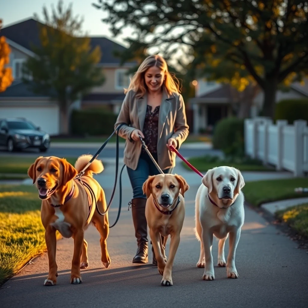 Professional dog walker with three leashed dogs in suburban setting, golden hour