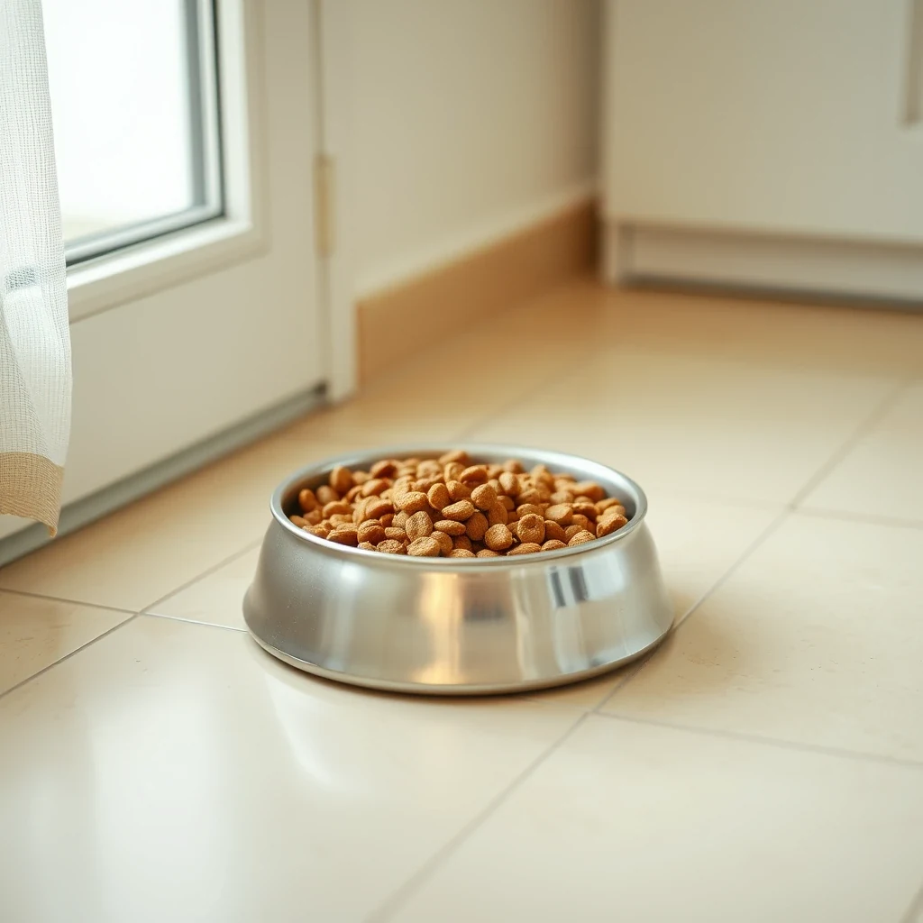 Untouched bowl of dry dog food on a clean tile floor in soft natural light