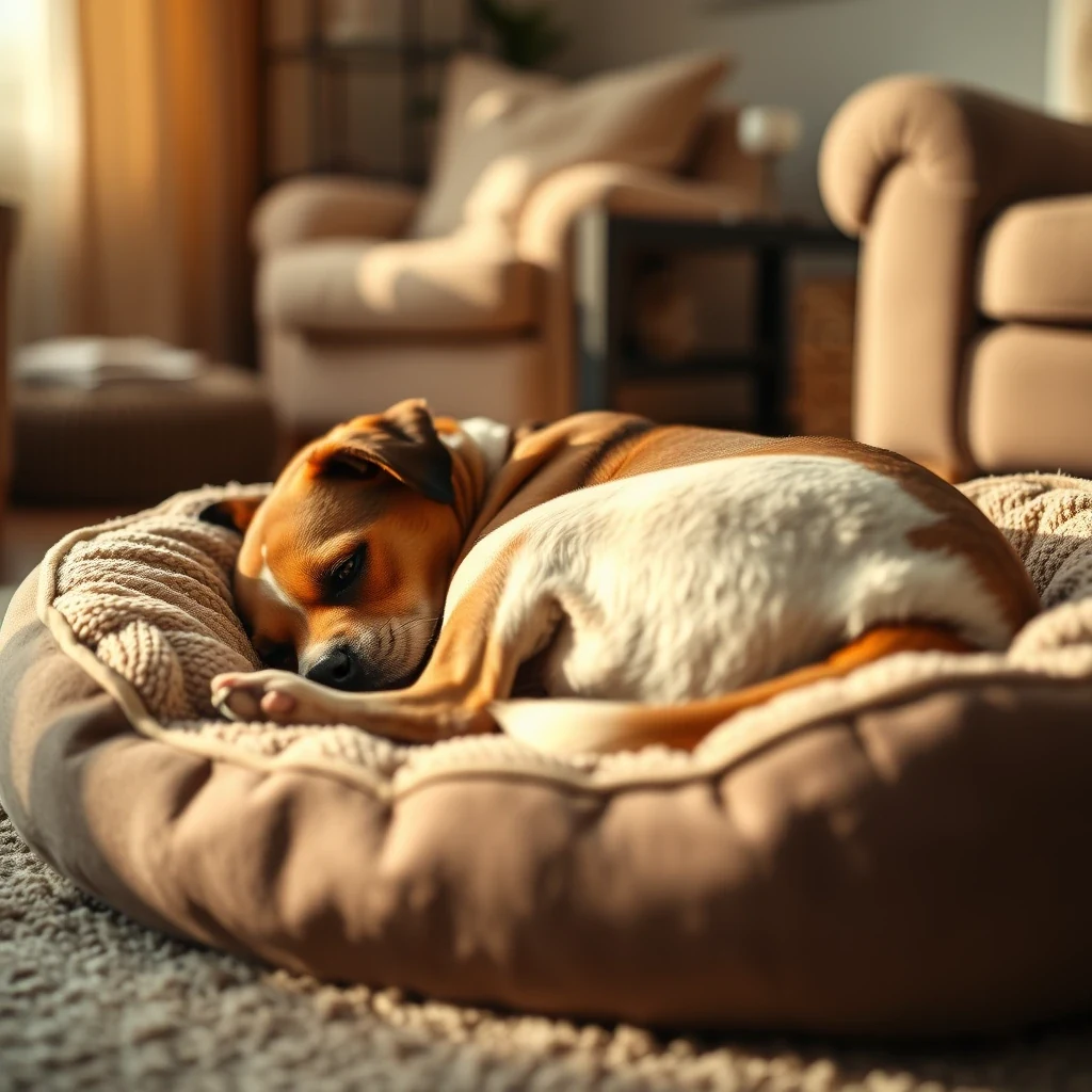 Tired dog resting on a familiar bed at home in warm afternoon light