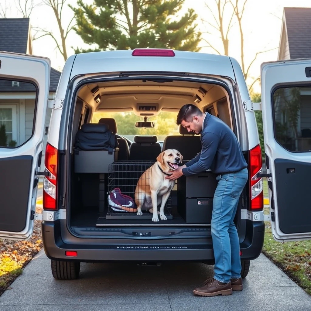 Pet transport van at residential driveway with handler preparing clean crate