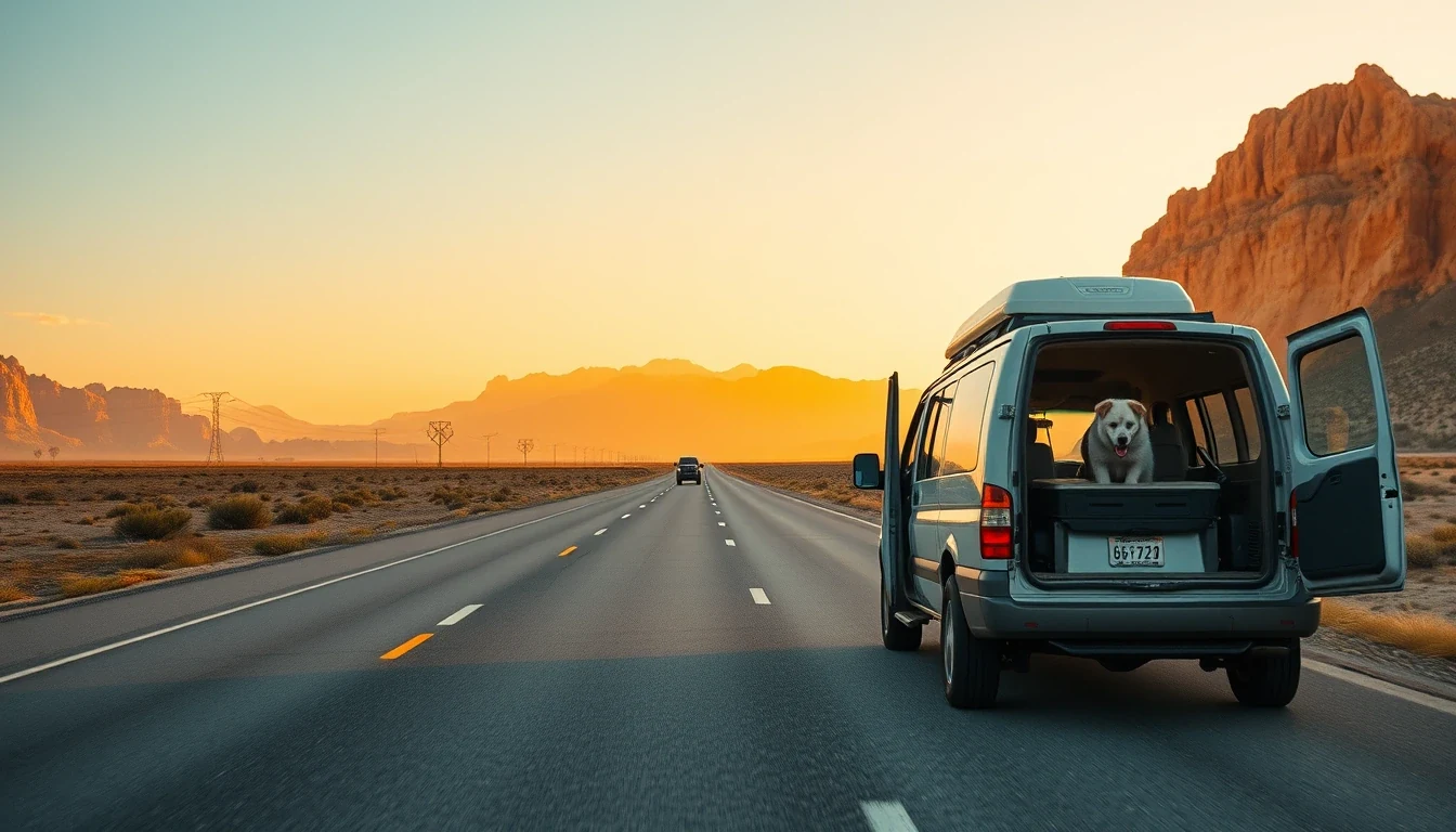 Pet transport van on open American highway with mountains in background