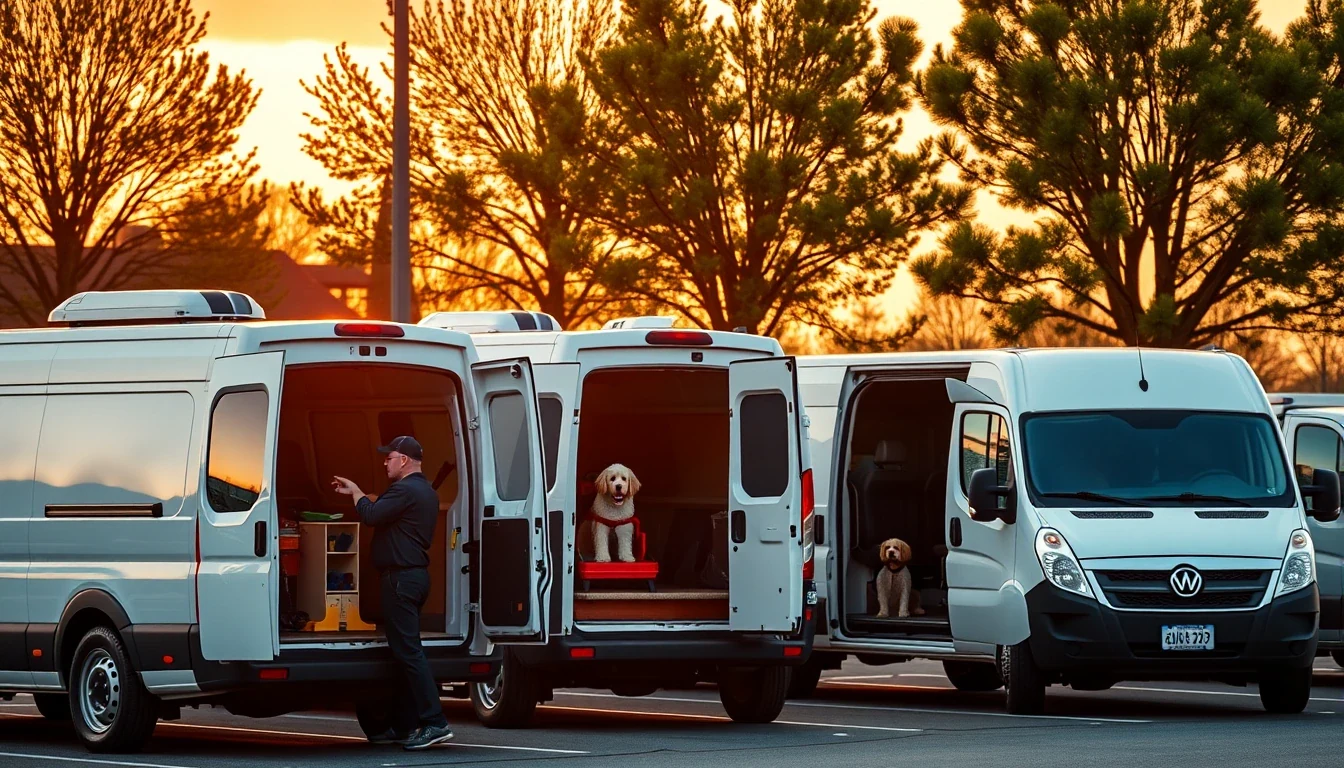 Three clean pet transport vans of different sizes lined up at sunrise with drivers