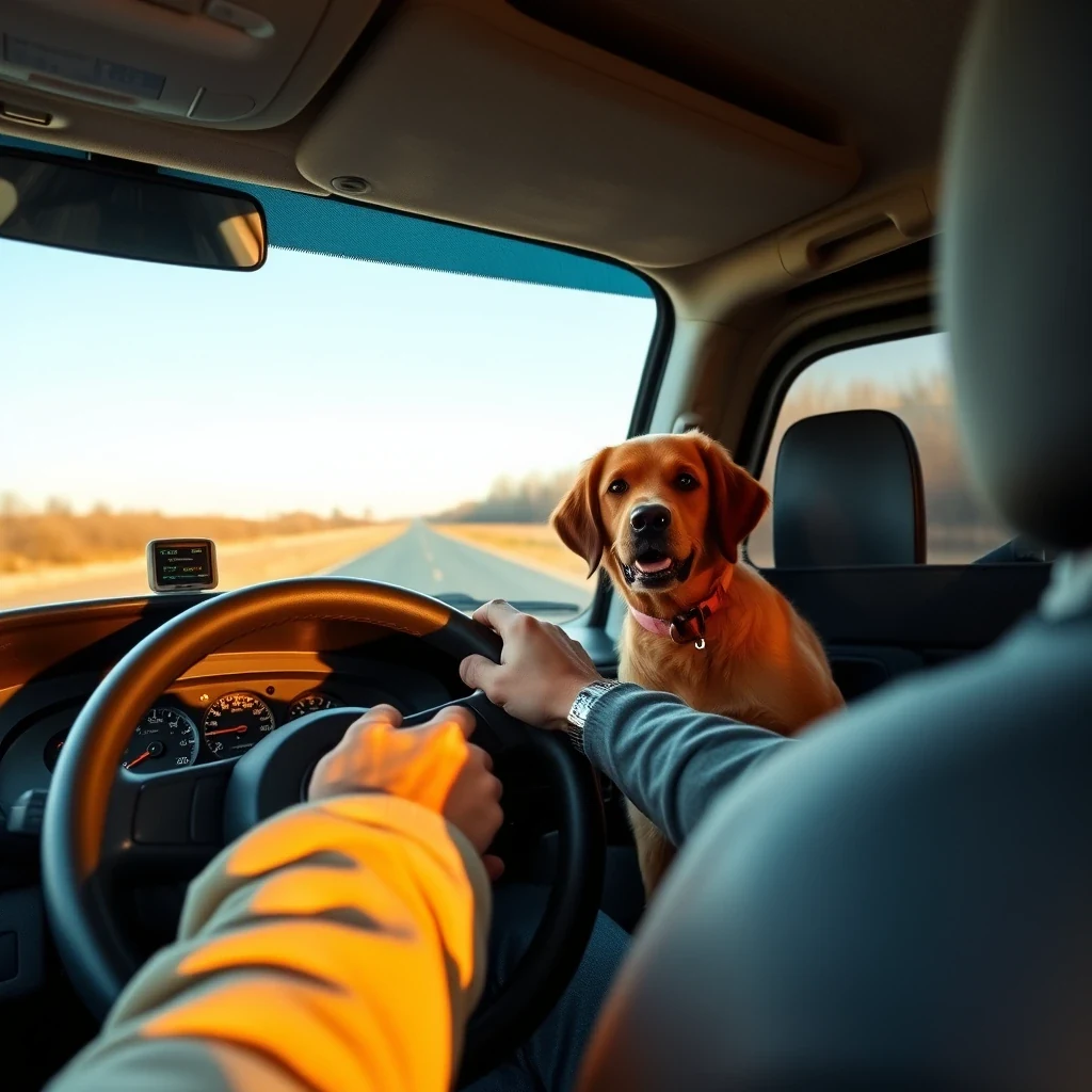 Driver hands on steering wheel of van with GPS showing long route, dashboard view