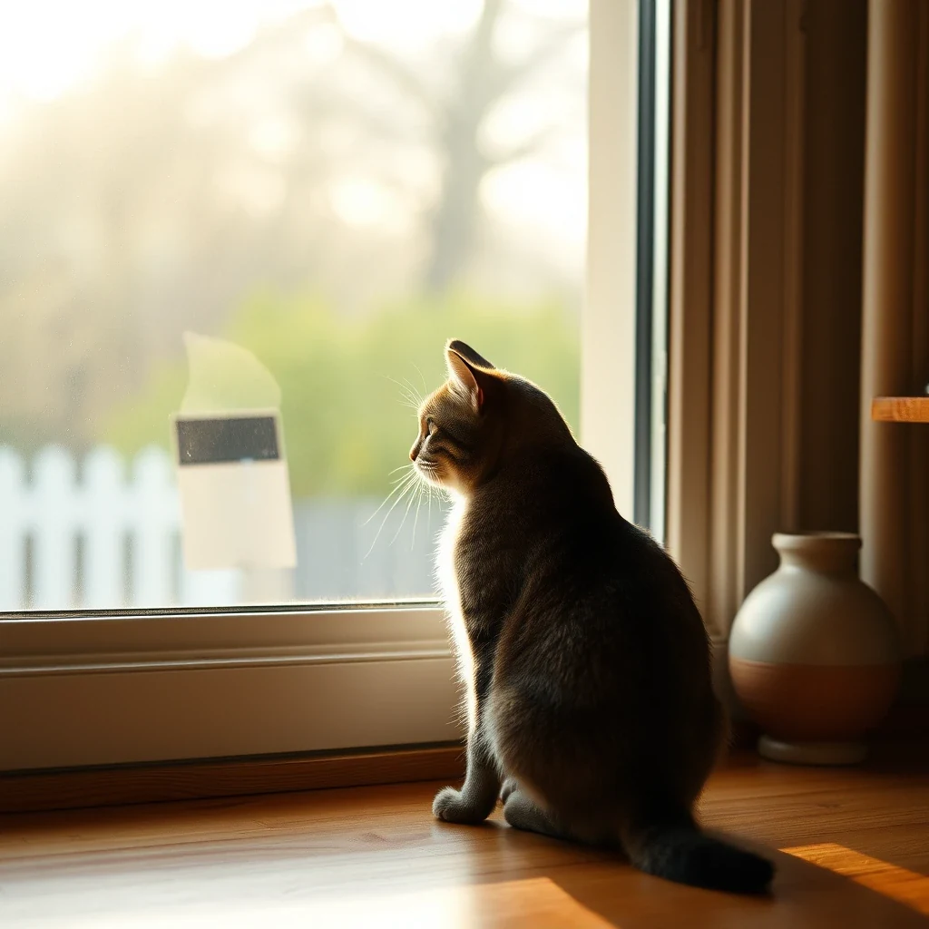Cat alone at home looking out window after pet sitter departed, warm afternoon light