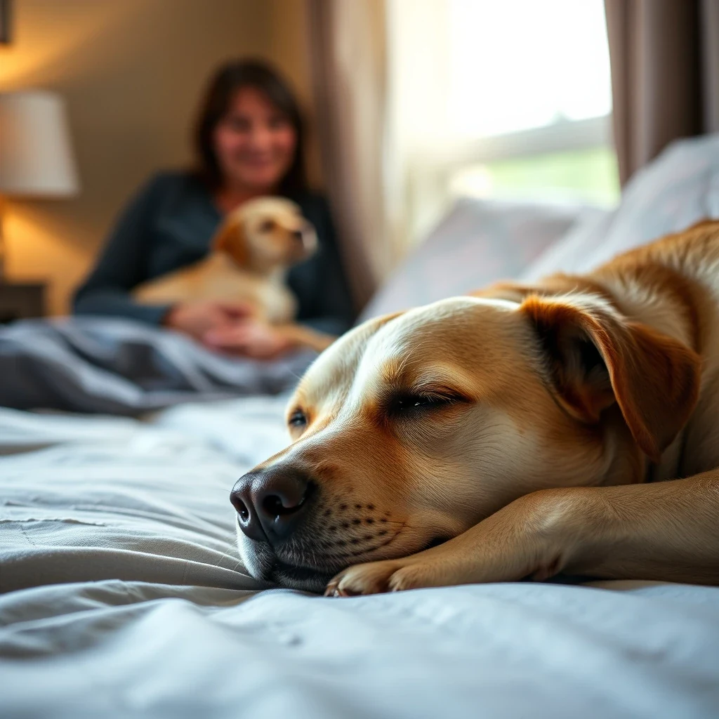 Dog sleeping peacefully on bed with overnight pet sitter visible in background, warm low light