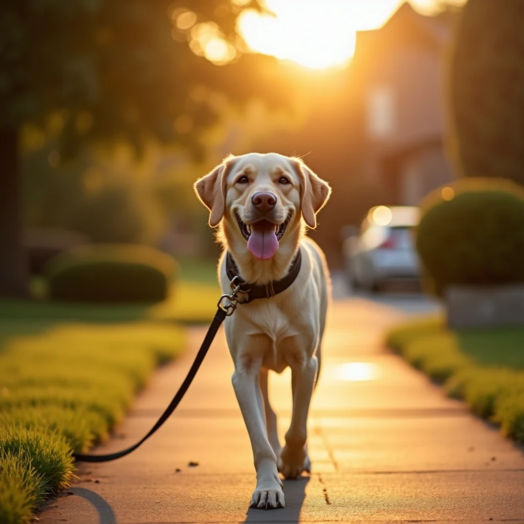 Two dogs on leashes greeting a friendly pet sitter at a front door in warm afternoon light