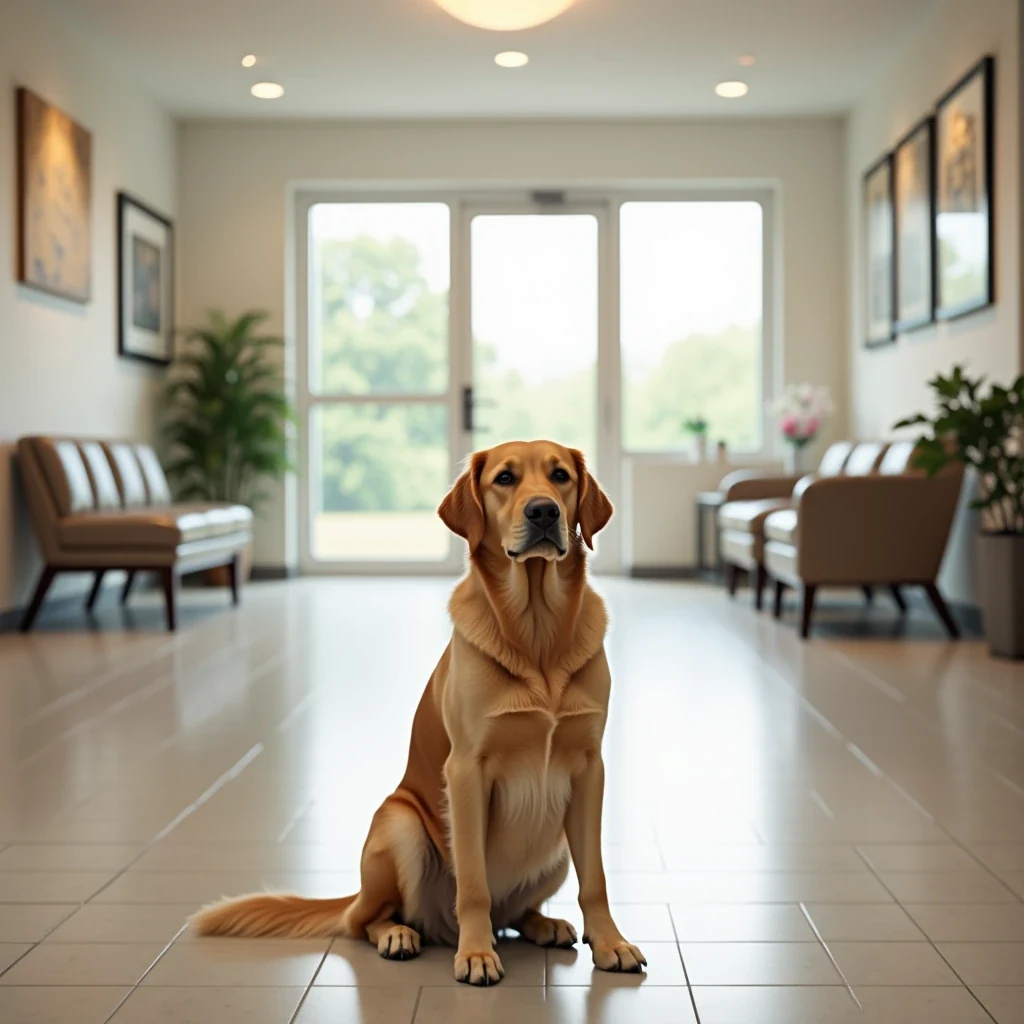 Owner kneeling to give a relaxed quick goodbye to a dog while a friendly staff member holds the leash