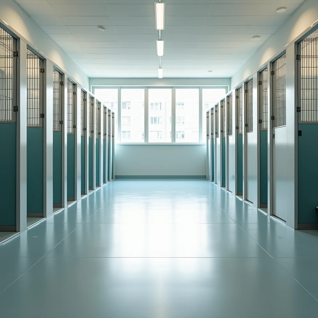Bright clean dog boarding kennel interior with open play space, natural light, and tidy individual suites