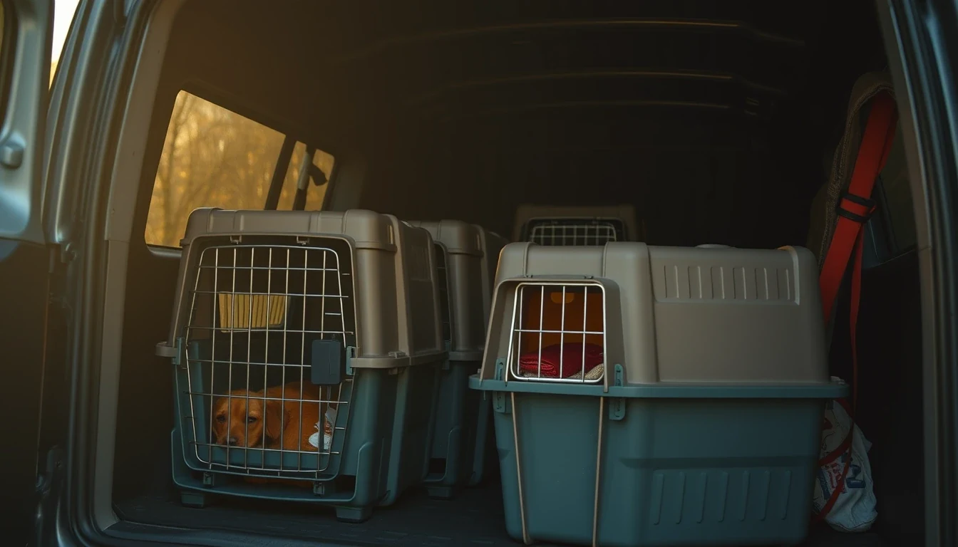 Row of rescue transport crates lined up in the back of a van ready for transport