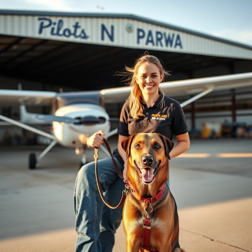 Volunteer with rescue dog at Pilots N Paws style aircraft hangar