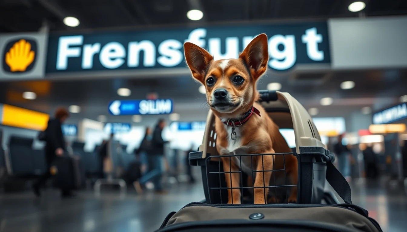 Small dog in carrier at Frankfurt airport arrivals gate, soft terminal lighting