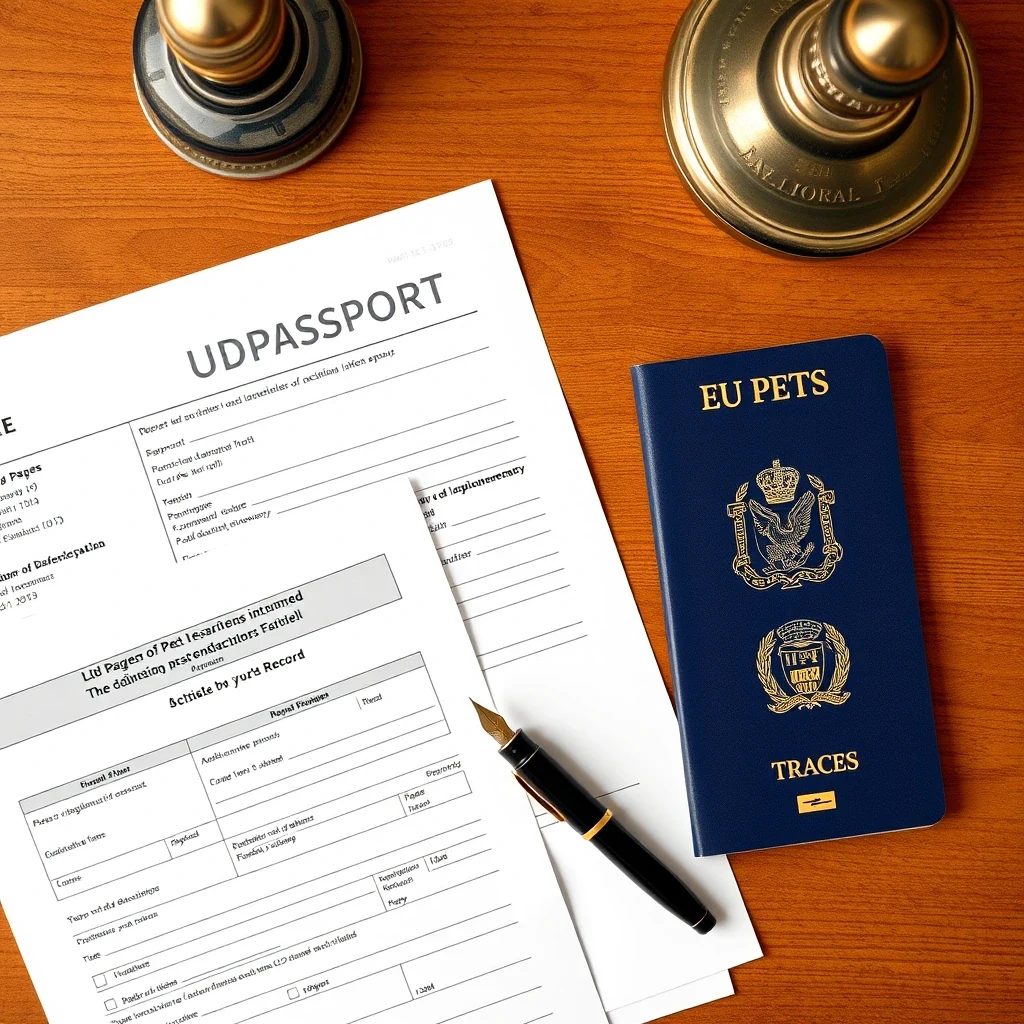 Flat lay of EU pet passport, TRACES form, USDA APHIS papers, vaccination records