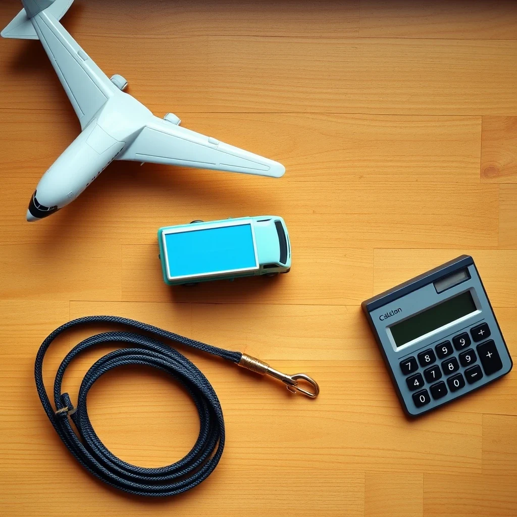 Editorial top-down flat lay of airplane model, toy van, leash, calculator