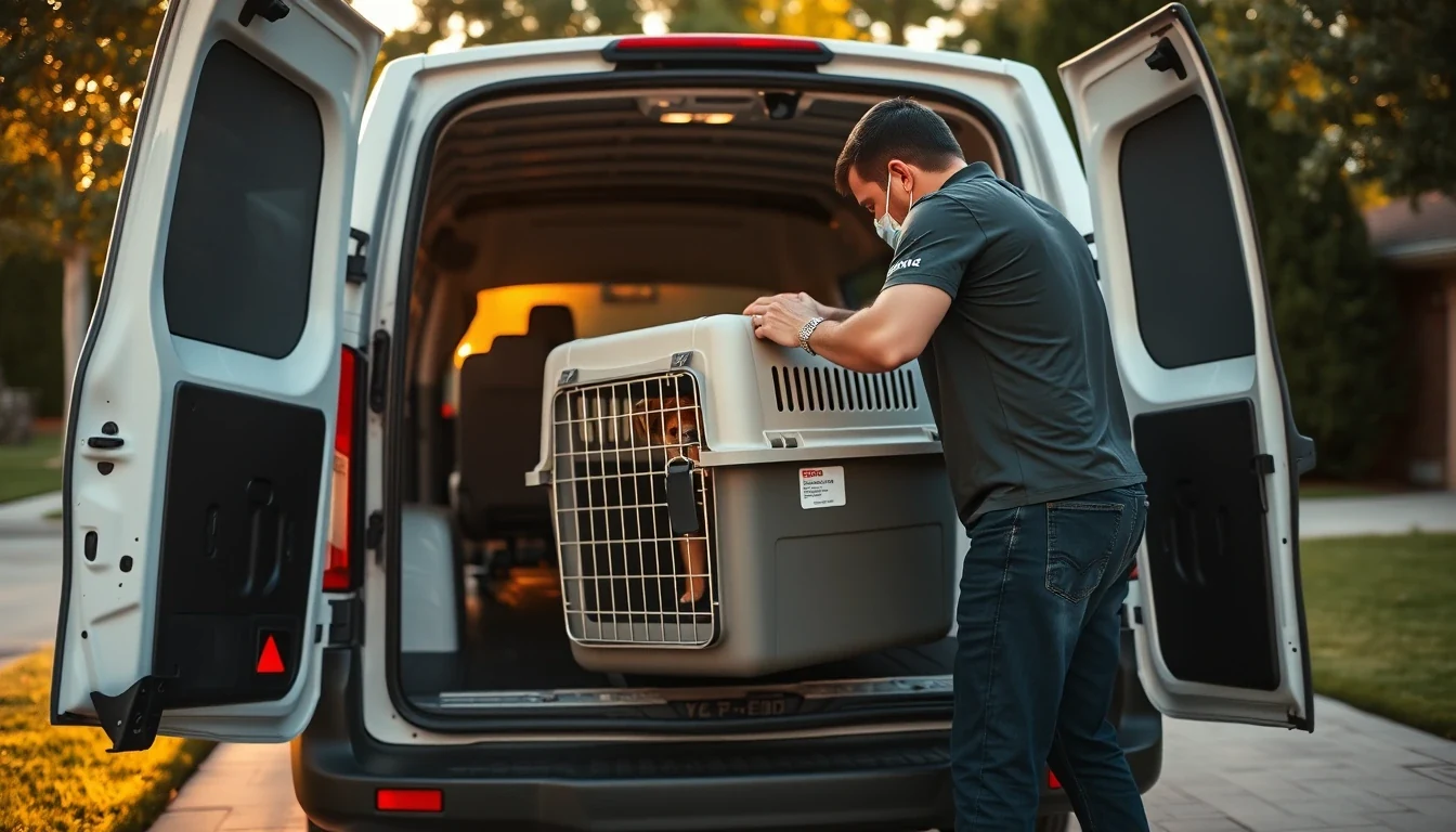 Handler in branded polo loading labeled pet crate into clean commercial van