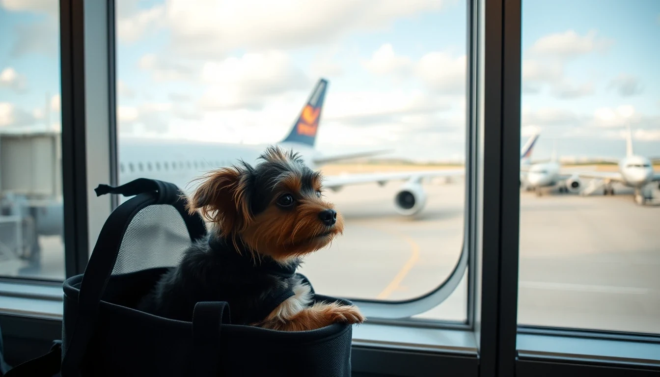 Small dog in airline carrier at Honolulu airport gate, airplane through window