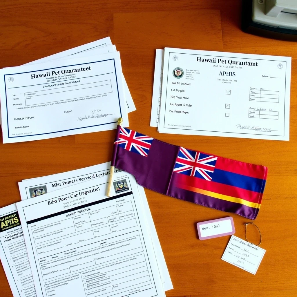 Flat lay of Hawaii pet quarantine forms, USDA APHIS papers, rabies titer test, ID tag