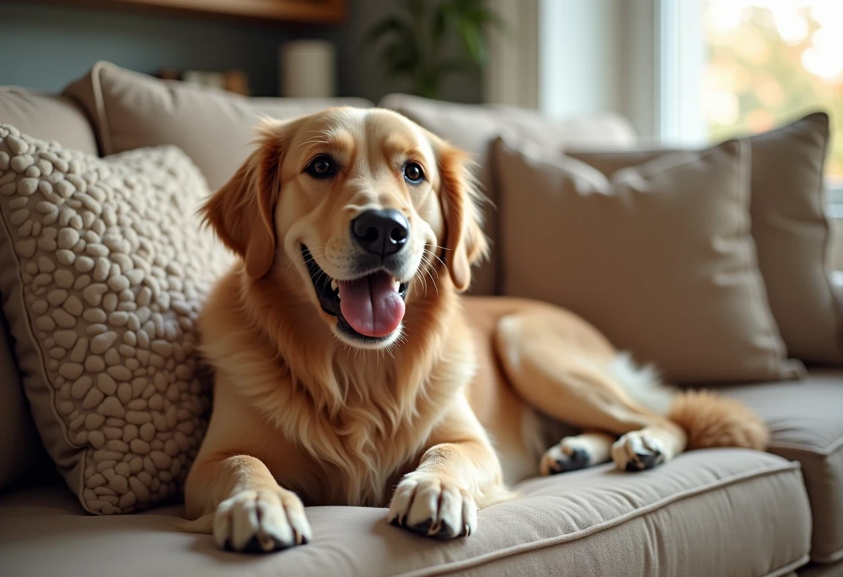 A relaxed golden retriever resting comfortably on a couch in a warm welcoming home living room