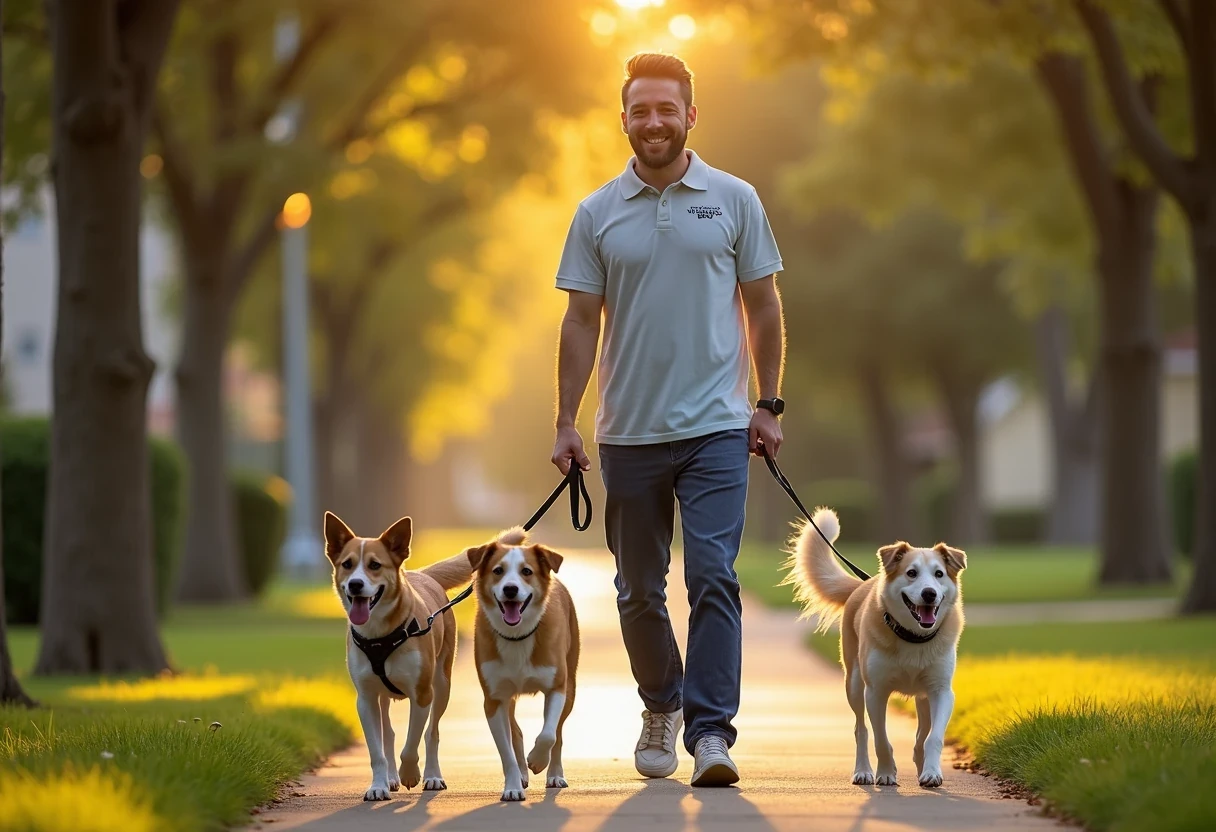 Professional dog walker walking three happy dogs on leashes down a tree-lined suburban sidewalk in warm golden-hour light