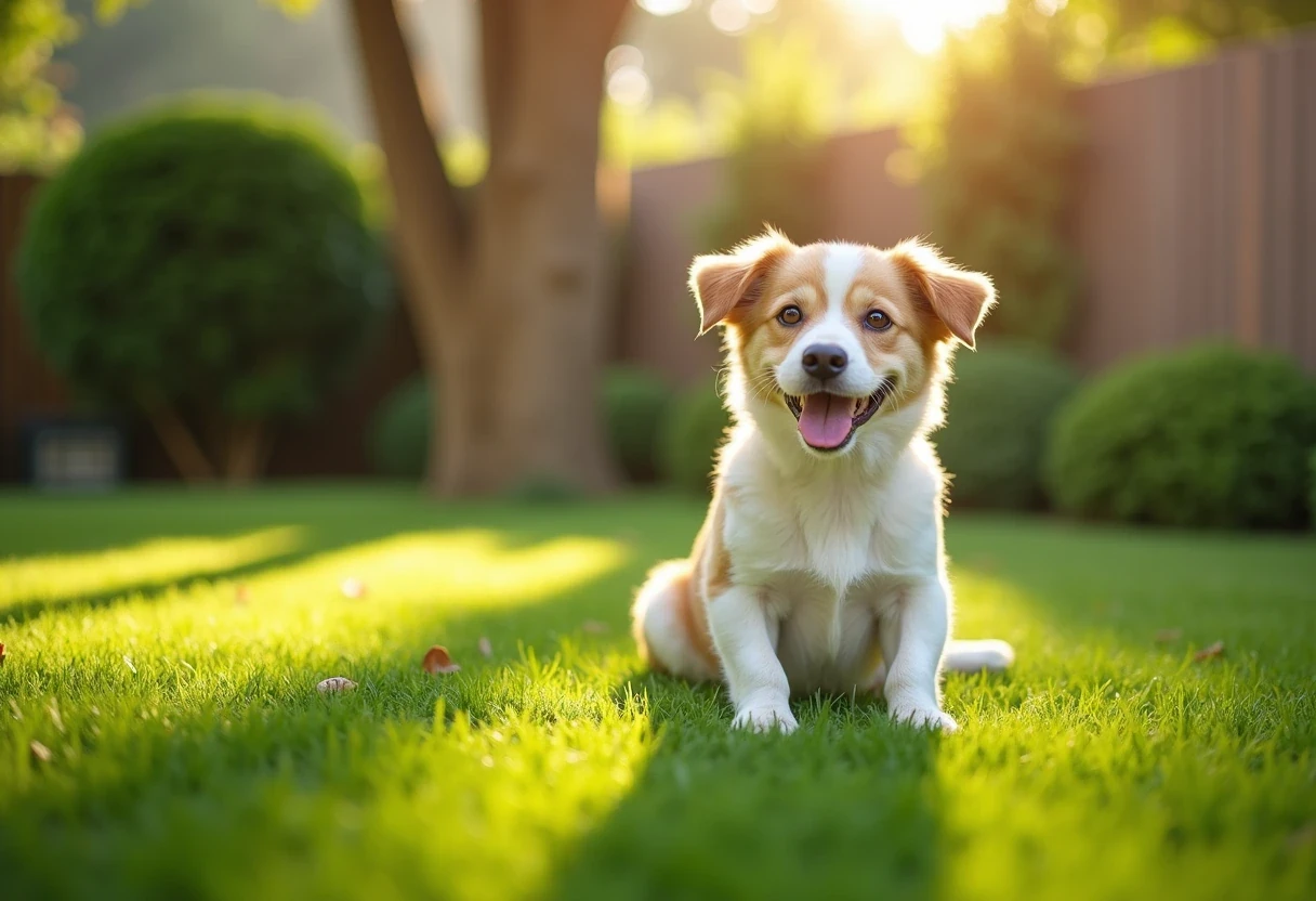 A pristine tidy green suburban backyard lawn with a happy small dog sitting on the immaculate clean grass