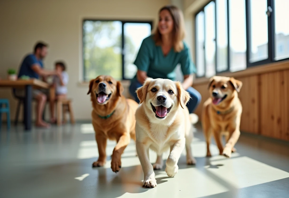A small group of happy dogs playing together in a bright clean indoor doggy daycare with a staff member supervising