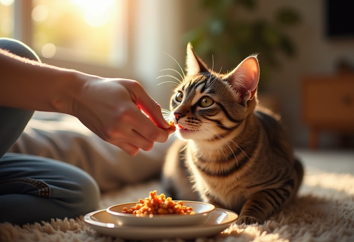 A calm cat being gently fed by a friendly pet sitter in a cozy sunlit living room