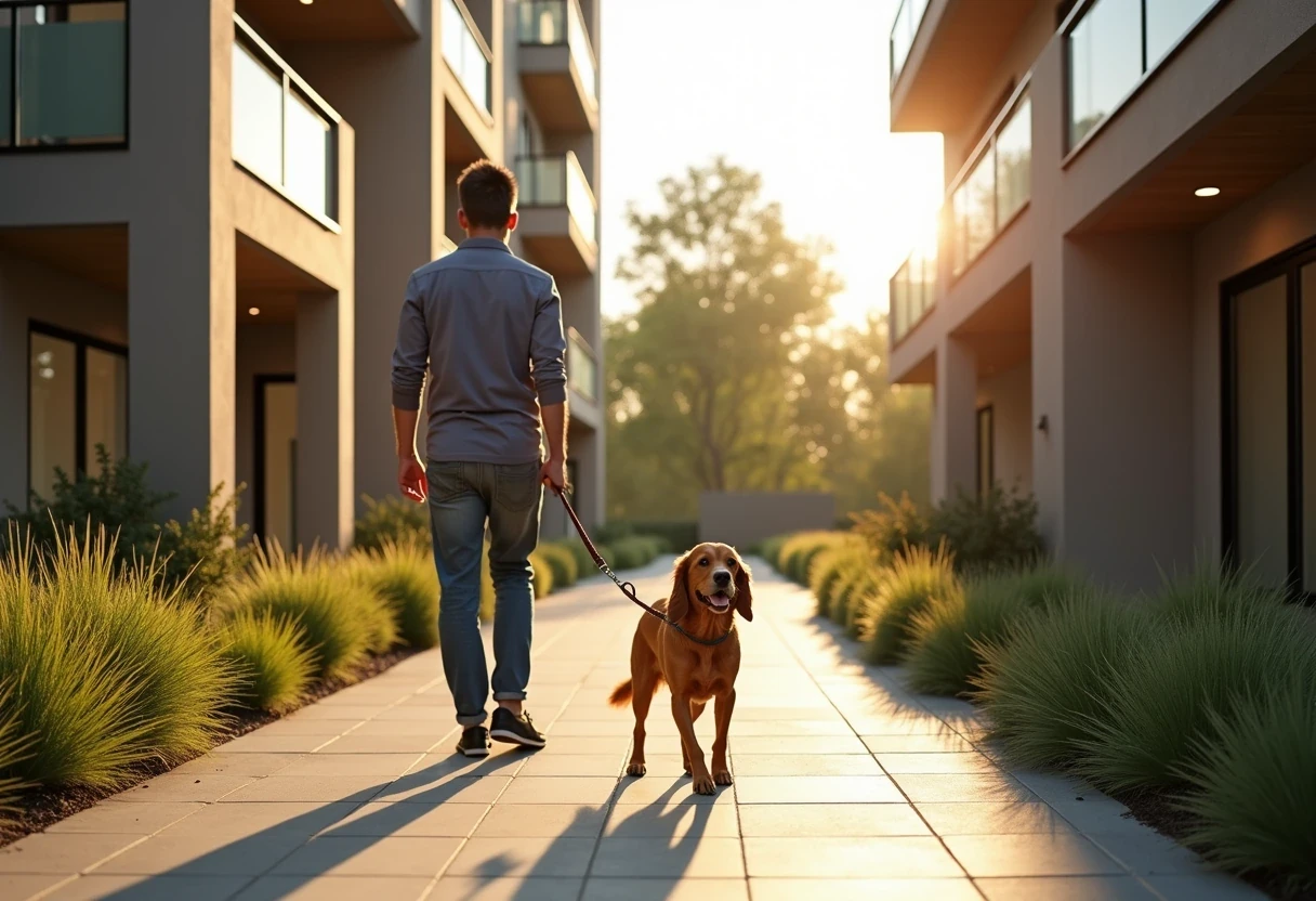 A friendly dog on a leash beside its owner in the landscaped courtyard of a modern upscale residential apartment building