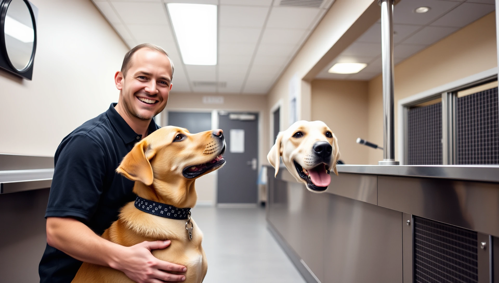 Owner greeting a Labrador in a clean modern dog boarding facility, illustrating how to start a dog boarding business