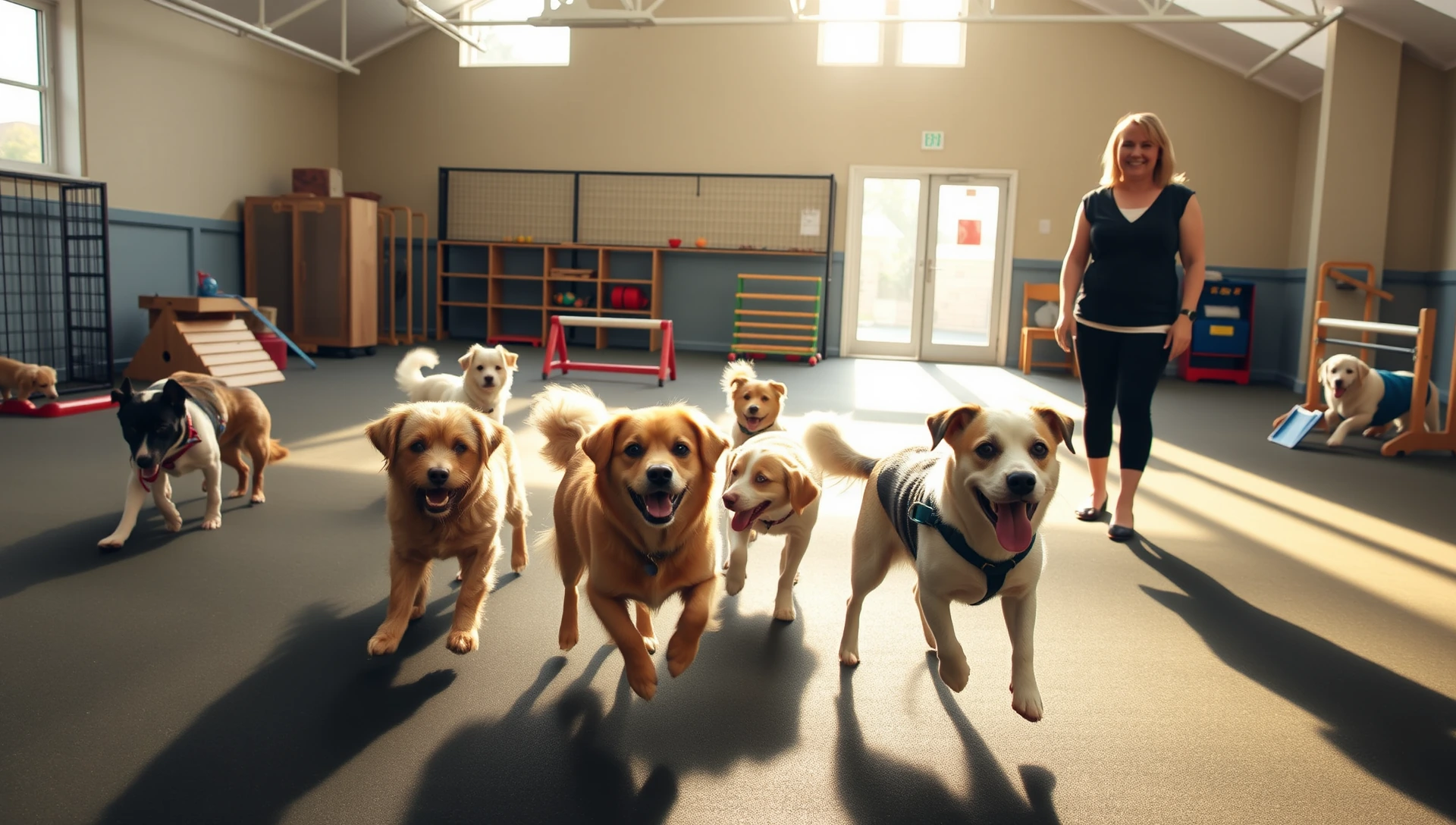 Group of dogs playing under staff supervision in a sunlit doggy daycare facility