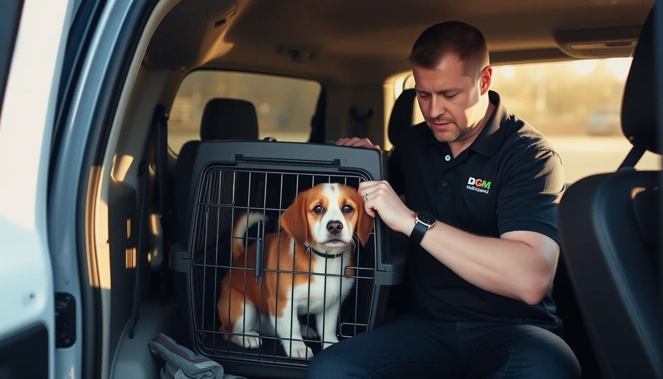 Pet transport driver securing dog crate in clean white van interior