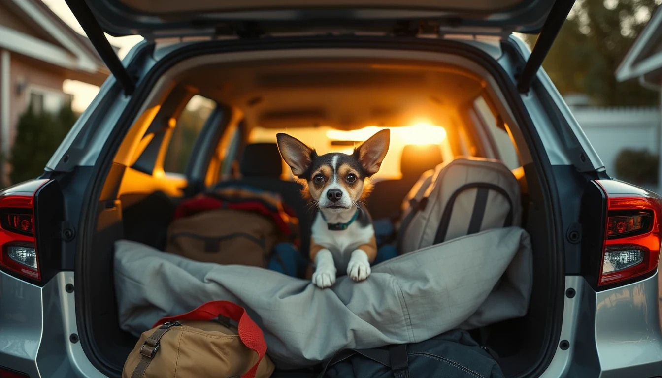 Dog in an SUV with packed bags, ready to transport a pet by road