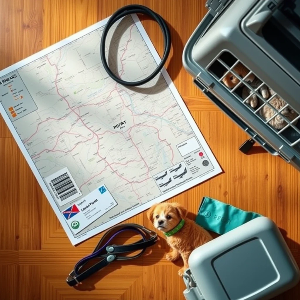 Editorial flat lay of road map, airline ticket, pet carrier, leash, and dog toy