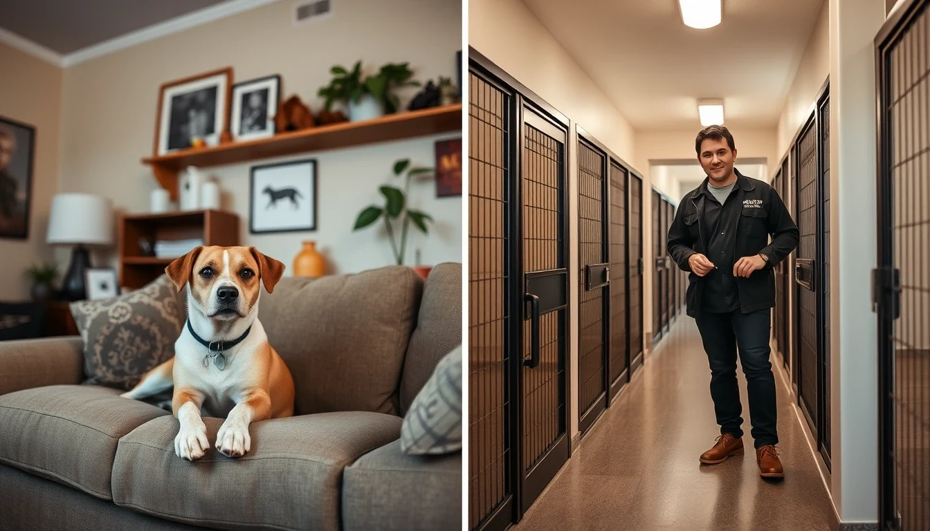 Split editorial photo - left side cozy in-home boarding with dog on couch, right side clean modern kennel with handler