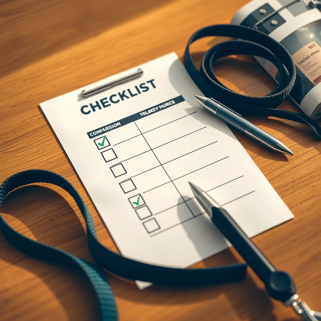 Editorial flat lay of comparison checklist with dog leash and pen on warm wooden desk