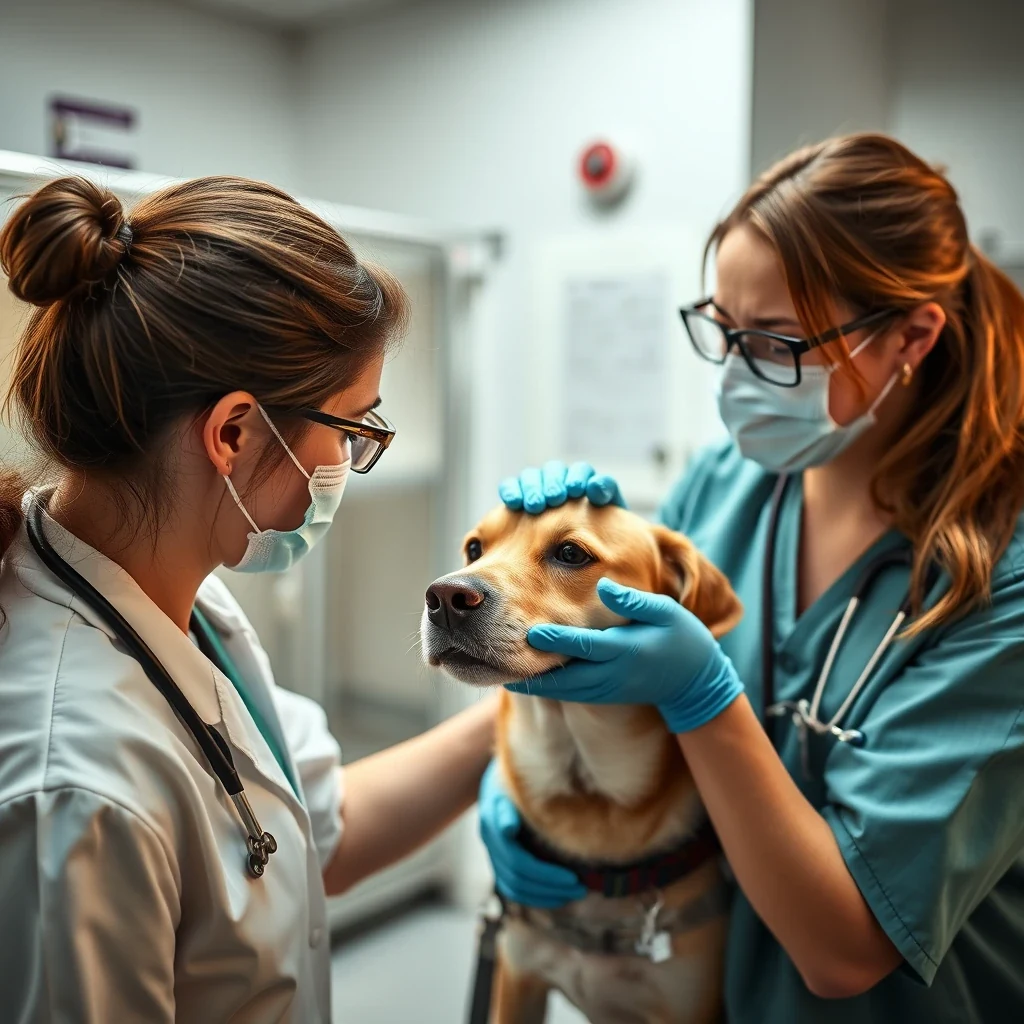 Vet tech administering medication to a calm dog in a clean boarding facility, warm professional light