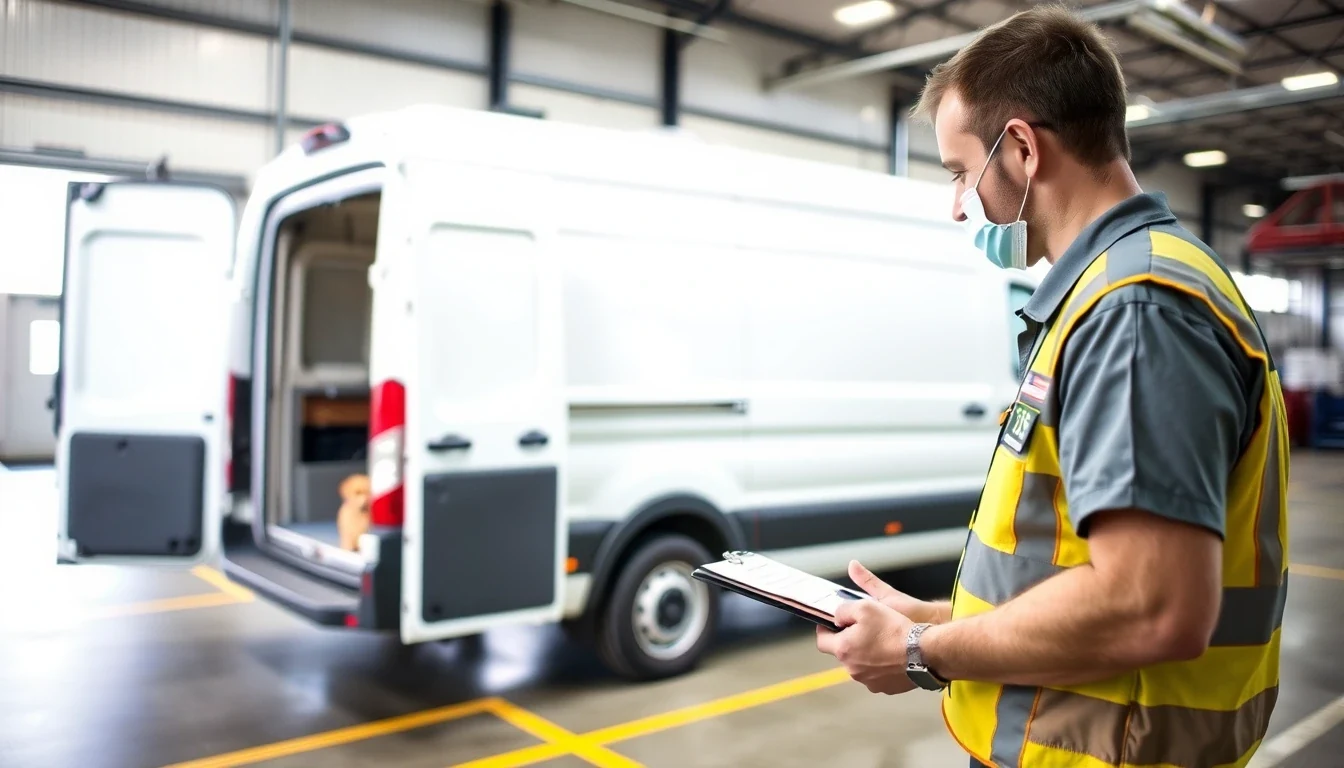 USDA inspector with clipboard reviewing clean pet transport van at commercial facility