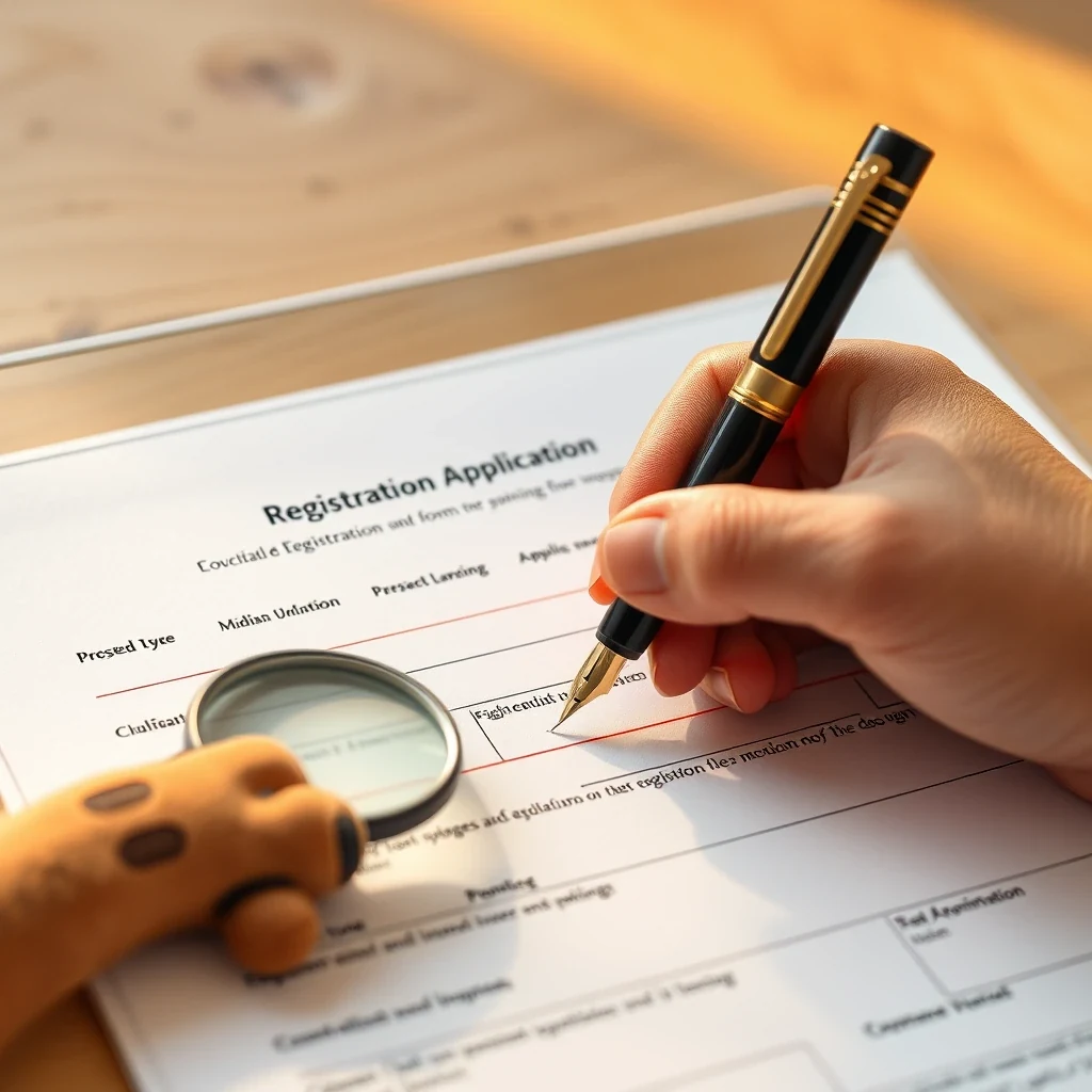 Official USDA registration form being signed with fountain pen, magnifying glass, dog toy