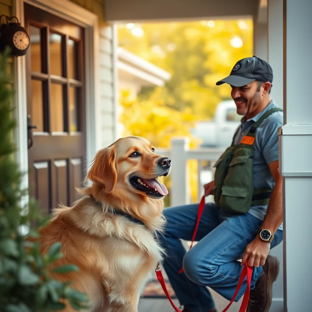 Pet transport driver greeting golden retriever at suburban front porch