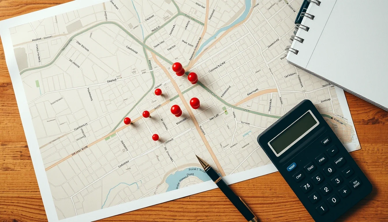 Flat lay of city street map with pickup/dropoff pins, pen, calculator, notepad