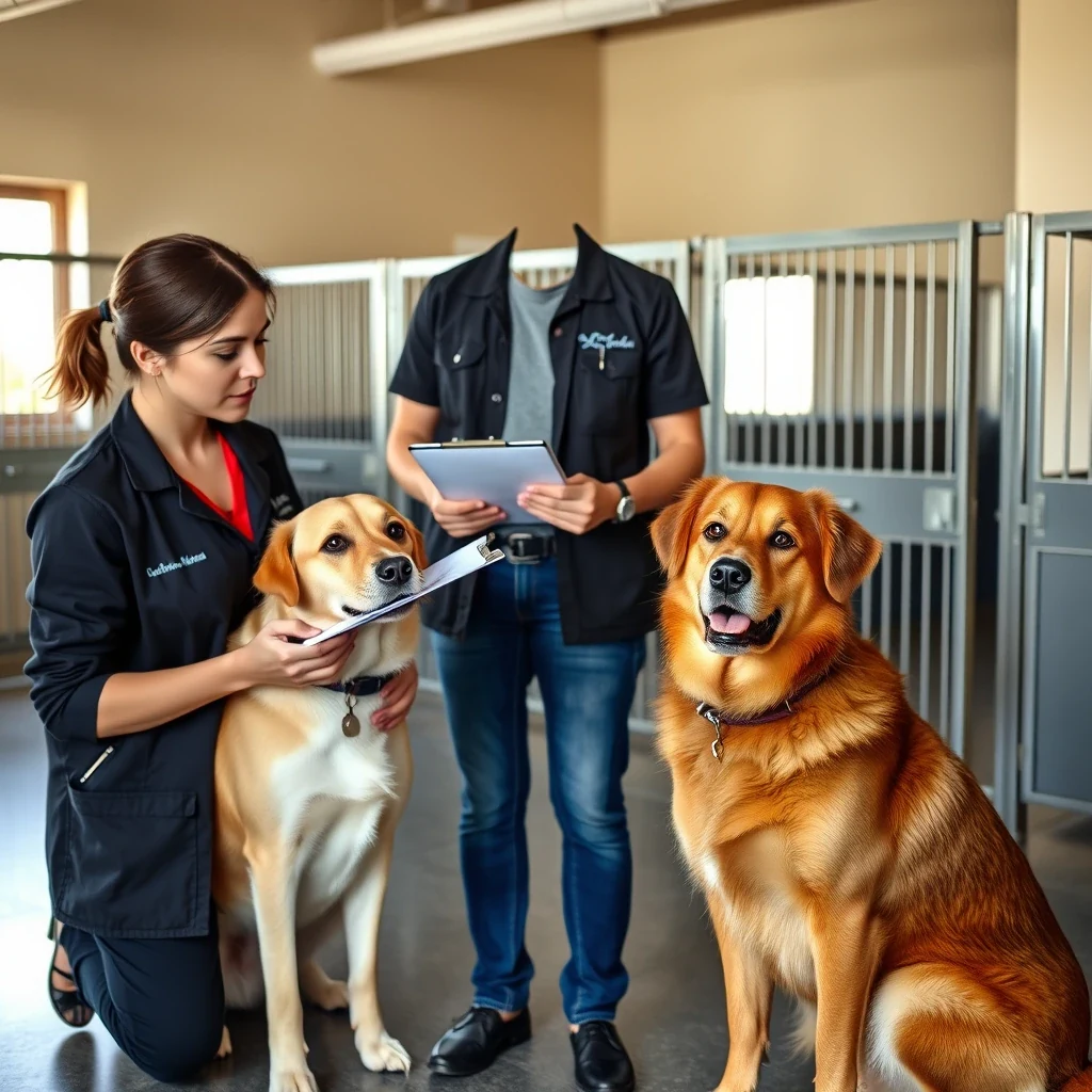Professional dog handler with clipboard taking notes next to two relaxed dogs in spacious indoor boarding facility