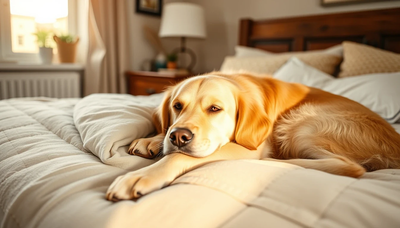 Calm golden retriever resting on a cozy bed in a residential in-home boarding setting, warm afternoon light