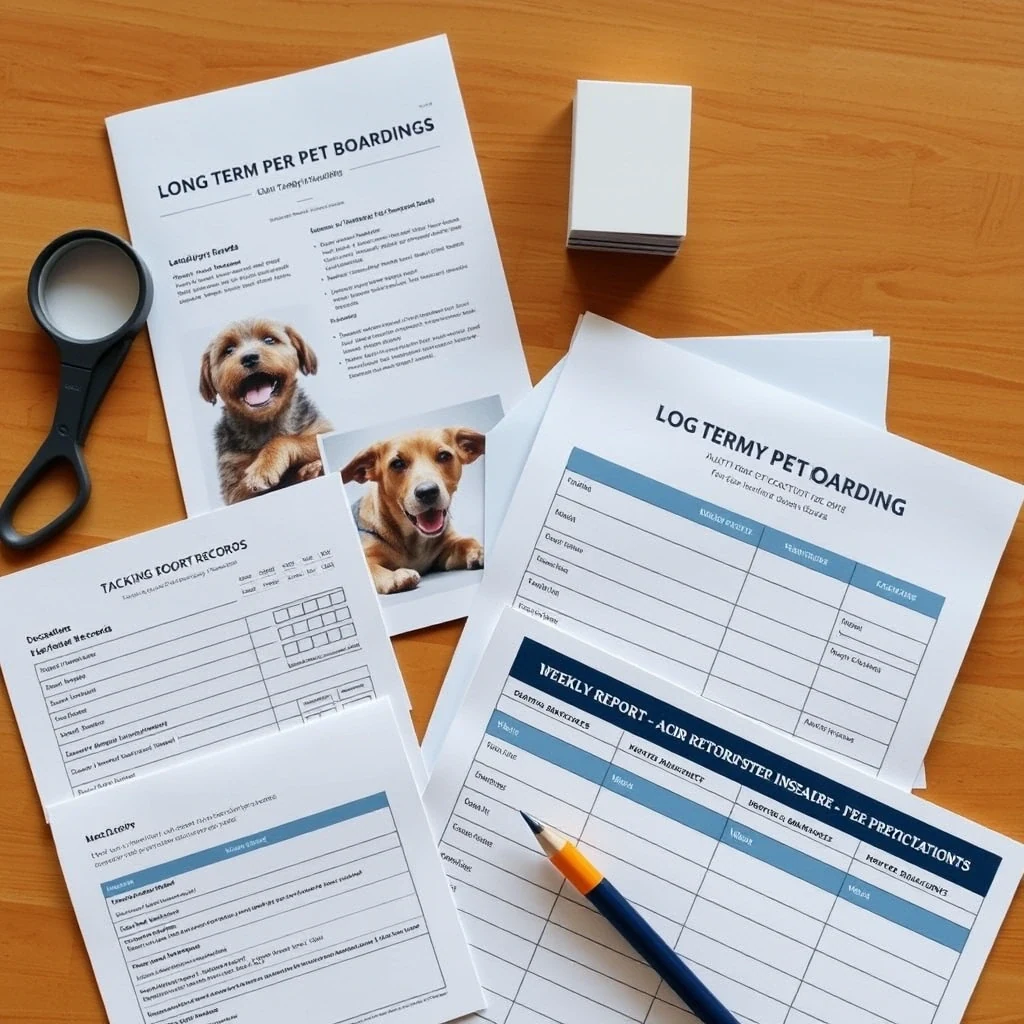 Editorial flat lay of long-term pet boarding documents, vaccination records, weekly report cards on warm wooden desk