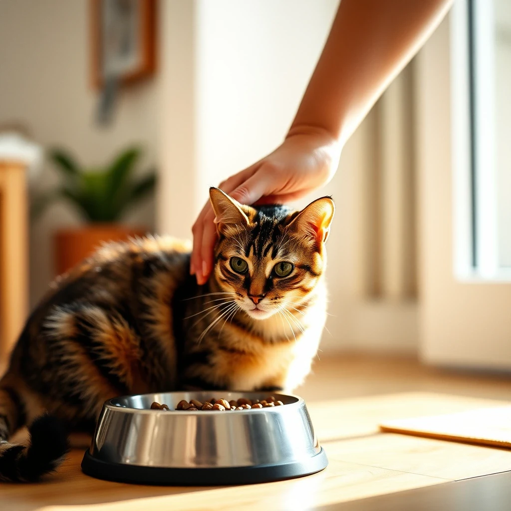 Tabby cat being gently stroked by a sitter beside a food bowl in a bright home